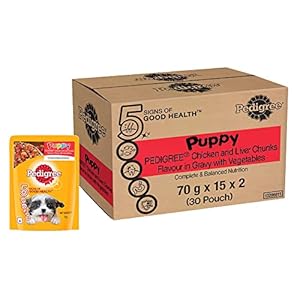 Pedigree Puppy Wet Dog Food, Chicken and Liver Chunks Flavour in Gravy with Vegetables, 70 g (Pack of 30), Complete & Balanced Nutrition for Puppies