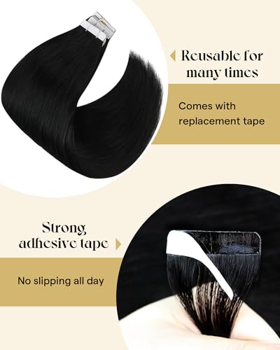 Image of Ve Sunny Hair Tape in Hair Extensions Human Hair Natural Black | Remy Hair Tape Extensions,20Inch 50g 20Pcs,Adhesive Skin Weft,for Prom Party