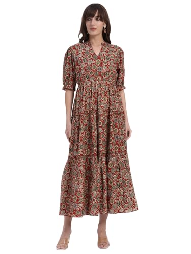 Image of Women's Fit and Flare Dress I Pure Cotton Long Summer Maxi Dress I V-Neck I Casual Wear I Printed Kalamkari Floral Middi