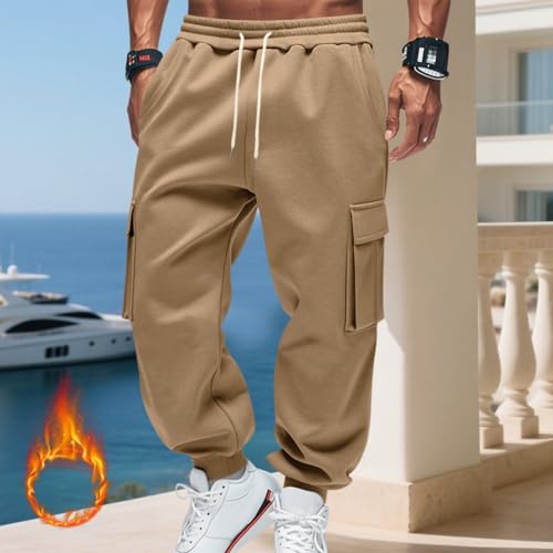 Mens Fleece Cargo Sweatpants Drawstring Waist Baggy Jogger Pants with Pockets Soft Athletic Winter Track Pants4