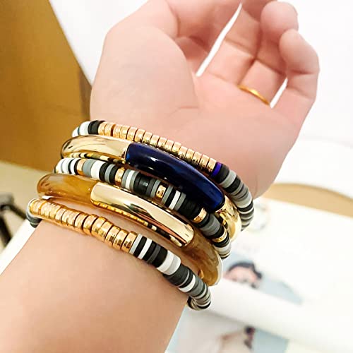 Dimishin Heishi Bracelet For Women Clay Bead Bracelet Stackable Beaded Stretch Bracelet Elastic Layered Colorful Beaded Bracelet Set (Acrylic&Clay-Black) #TOP2