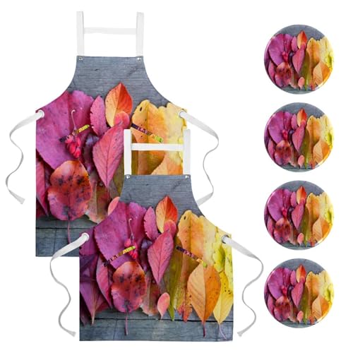 Lot de 2 tabliers de cuisine à motif belles feuilles avec poches et 4 broches incluses