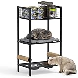 Canyave 4in1 Cat Furniture Stand with Cat Scratching Post, Cat Food Bowls, Cats Bed Platform, Cats Food Storage Organizer, All in One Pet Furniture for Small Space (Black)