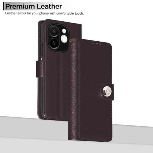 Image of Pikkme Flip Cover for Tecno Spark 30C 5G Leather Finish | Inside TPU with Card Pockets | Wallet Stand and Shock Proof | Complete Protection Button Flip Case(Coffee)