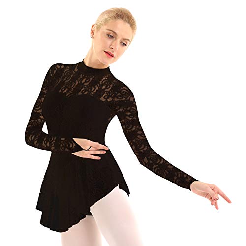Acsuss Women's Turtle Neck Lace Figure Ice Skating Roller Skating Ballet Dance Leotard Dress Costume Black Medium #TOP1