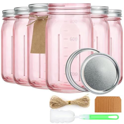 CARBLIN 6 Pack 32 oz Mason Jars Pink Wide Mouth Glass Canning Jar with Lids