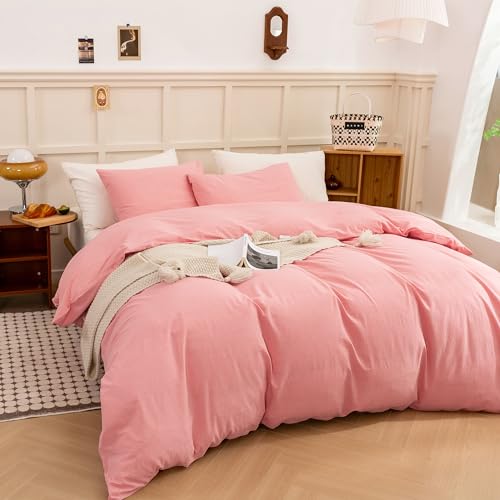 Image of ECOCOTT Pink Duvet Cover Queen Size - Linen Feel Organic Natural 100% Washed Cotton, Soft Breathable 3 Pieces Bedding Set with Zipper Closure