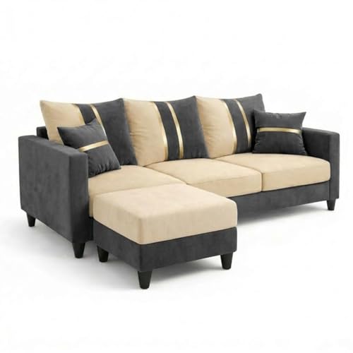 Image of Jester 4 Seater L Shape Sofa Set with Movable Ottoman | Flexible Left or Right Layout | Luxury Velvet Suede Fabric | Modern Living Room Sofa | Dark Grey-Cream