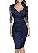 Miusol Women's Deep-V Neck Ruffles Floral Lace Fitted Retro Evening Pencil Dress, Small, Navy Blue