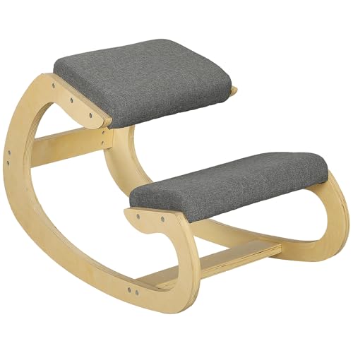HOMCOM Silla Ergonómica de Rodillas, Silla de Rodillas de Madera, Taburete Ergonómico, Cojín Acolchado, para Mejorar la Postura, para Casa y Oficina, Gris