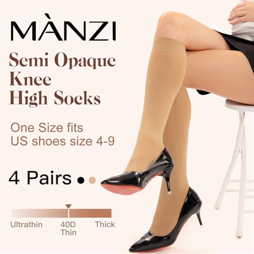 MANZI Women's Knee High Socks 40 Denier Ladies Nylon Semi Opaque Trouser Socks 4 Pairs Knee Stockings