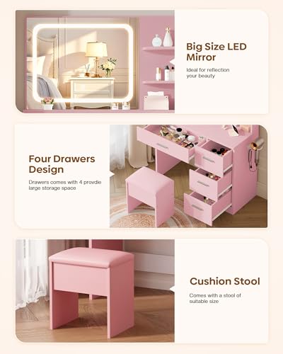 Image of LIVELYGLOW Makeup Vanity Desk Set, 35.4 inch Wx15.7 inchDx53.9 inchH, Pink (Smart LED Mirror, with Cushion Stool, Hairdryer Rack, Power-Outlet, 4 Drawers, Open Shelves)
