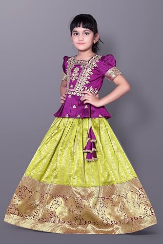 Image of Wommaniya Impex New south Indian traditional pattu pavadai Jecquard Lehenga choli for girls dress