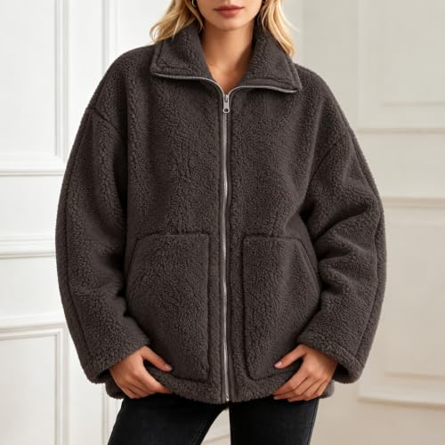 Sherpa Jacket Women, Full Zip Up Fuzzy Jackets Long Sleeve Stand Collar - image 2