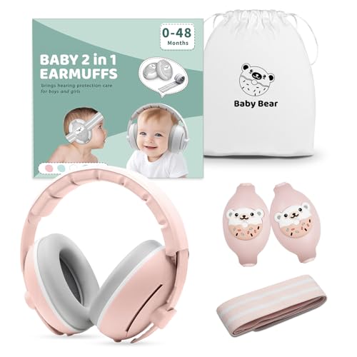 Anluomafuy Protectores Auditivos para Bebés, Cascos Ruido Niños, 2 en 1 Cascos Bebe Antiruido, Diadema Ajustable para Antideslizante y Sin Presión, Auditiva Ideal para Bebés (Rosa)