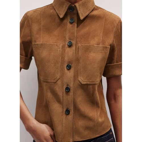 Women's Faux Suede Button Down Shirts Short Sleeve Business Casual Lapel Collared Shirt Jackets with Pockets3
