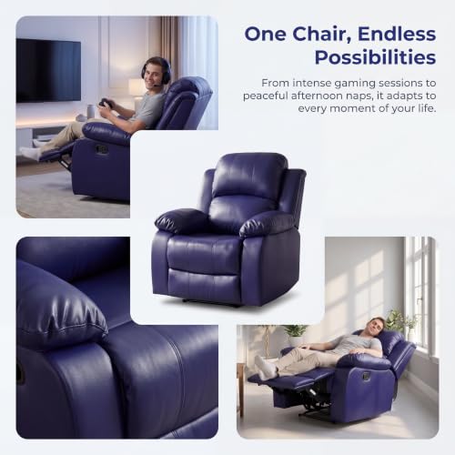 Image of Single Leather Manual Recliner Chair, Oversized Lazy Boy Recliner with Home Theater Seating, Breathable Living Room Reclining Chair for Adults Reading, Gaming, Relax, Dark Blue