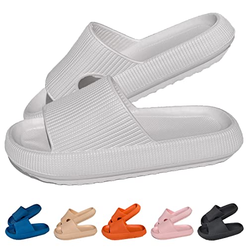 HOPEME Cloud Sliders - Pantuflas acolchadas para mujeres y hombres, con suela gruesa, antideslizantes e impermeables para baño, piscina y exteriores, gris, 42/43 EU