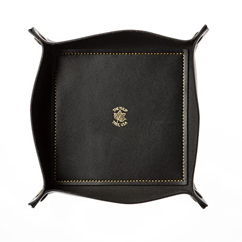 USA Handmade Premium Leather Valet Tray, Folds Flat! Dice Rolling Basket and Organizer with Brass Snaps (Black Gold, Large)