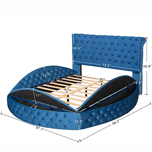 Citylight Queen Size Round Shape Upholstered Platform Bed With Storage Space On Both Sides And Footboard, Button Tufted Queen Storage Bed Frame For Kids Teens Adults,No Box Spring Needed,Blue #TOP1