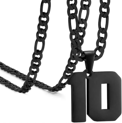 LULUMONIA 10 Chain 10 Necklace Chains for Man Stainless Steel Basketball Soccer Baseball Team Number Pendant Chunky Chain Sport Necklace black