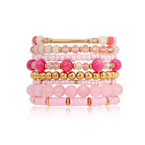 Pink Bracelets Bohemian Multi-Layer Beaded Stacking,8 Pcs Versatile Strand Stretch Sparkly Crystal Beads Wrap Slip-on Cuff Bangle Set