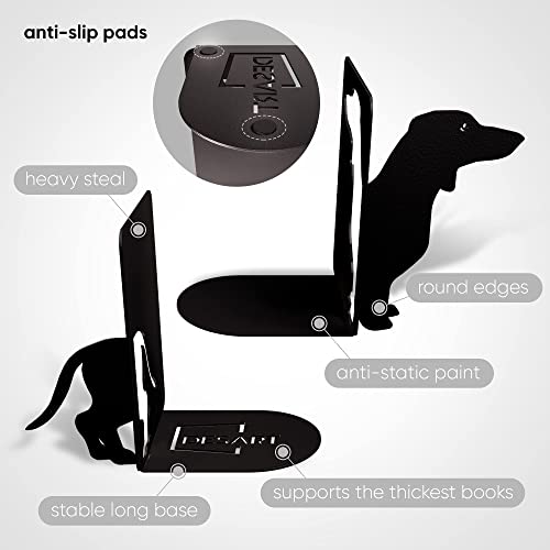 Decorative Metal Bookends For Bookshelf, Black Dog Dachshund Heavy Duty Book Ends For Shelves, Universal Books Holders And Stopper For Desk, Unique Book Separator Or Dividers For Home Or Office Decor #TOP4