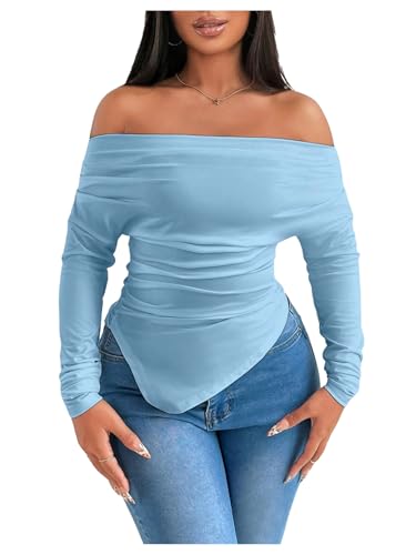 SweatyRocks Women's Long Sleeve Off The Shoulder Asymmetrical Ruched Slim Fit T Shirt Top