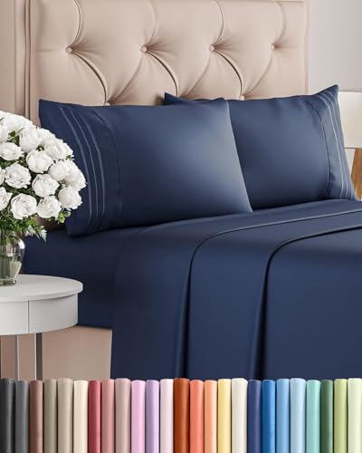 Queen Size 4 Piece Sheet Set - Comfy Breathable & Cooling Sheets - Hotel Luxury Bed Sheets for Women and Men - Deep Pockets, Easy-Fit, Soft and Wrinkle Free Sheets - Navy Blue Oeko-Tex Bed Sheet Set
