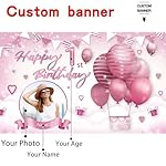 Custom Happy Birthday Banner Backdrop Cream Birthday Backgroud Party Indoor Outdoor Car Decoration Supplies for Girl Women Boy(Pink Hot Air Balloon) - Image 2