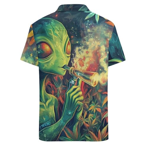 Green Aliens Weed Hawaiian Shirt for Men Button Down Short Sleeve Shirt Summer Top for Beach Party2