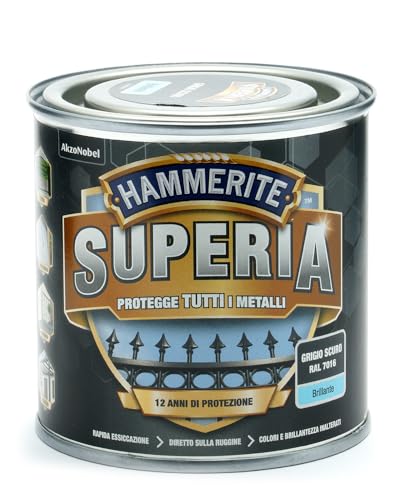 Hammerite Superia smalto metallo antiruggine interno e esterno, Brillante Grigio Scuro, 250 ml