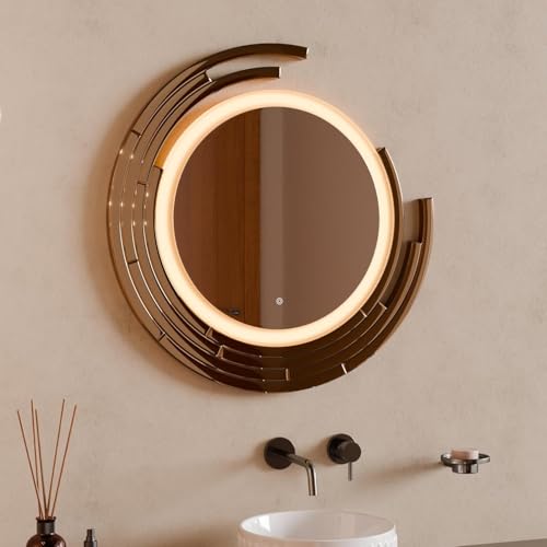 Image of BASSINO 24x24 Inches 3D LED Mirro for Bathroom /Sensor Touch /3 Adjustable Color Tone /Dimmable Light /Vanity Mirrors /Round Washbasin Mirror with LED Lights /Smart Mirror for Bathroom Wall(Rose-Gold)