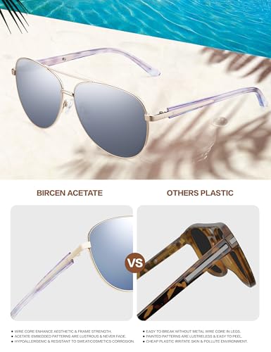 Image of BIRCEN Polarized Aviator Sunglasses Womens: Acetate Glasses UV Protection