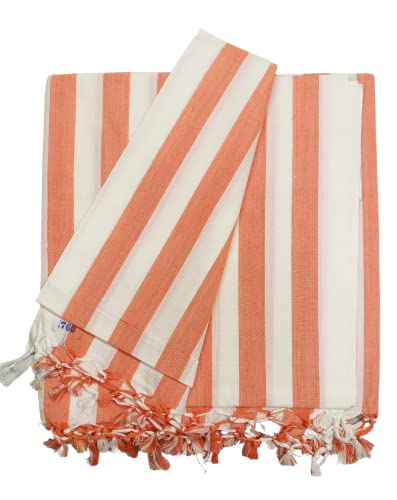 Image of Arvore Bunkaar Pure Handloom 100% Soft Desi Bamboo Viscose Soft Bhagalpuri Andi Chadar /Summer Blanket /Khes /Top Sheet /AC Blanket /Odhne wali Chadar (Orange White, Striped, 1, Bhagalpuri Chadar)