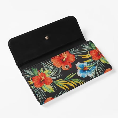 Image of AFPANQZ Leather Wallets for Women, Tropical Flowers RFID Blocking Checkbook Wallet with Cit Card Slots Phone Holder Zip Pocket, Buckle Closure, Ladies Purse