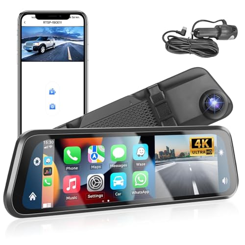 Podofo 12″ Mirror Dash Cam with Wireless Carplay&Android Auto,4K Front Mirror Dash Cam with IPS Touchscreen,Support Night Vision,Voice Control,Parking Assistance,G-Sensor,24H Parking Monitor