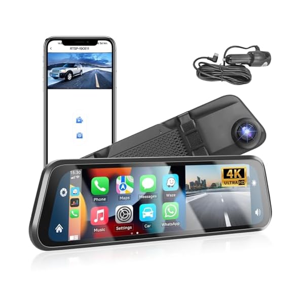 Podofo 12″ Mirror Dash Cam with Wireless Carplay&Android Auto,4K Front Mirror Dash Cam with IPS Touchscreen,Support Night Vision,Voice Control,Parking Assistance,G-Sensor,24H Parking Monitor