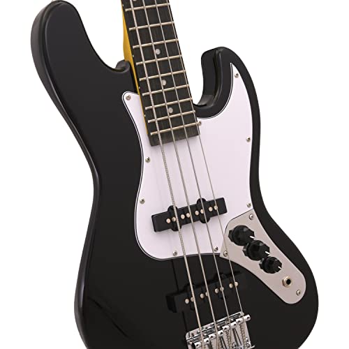 JB Mini Electric Bass Guitar - Black Body, Maple Neck, Rosewood Fingerboard & 3-Ply White Pickguard, 28.6" Short Scale Premium Pickups, Vintage Steel Bridge & Tuners - Pure Awesomeness
