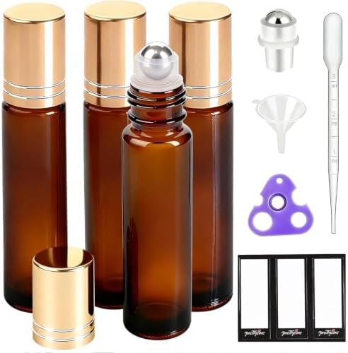PrettyCare 4 Pack Amber Glass Oil Roller Bottles for Essential Oils 10ml, Roll On Bottles with Stainless Steel Roller Ball Leak-Proof Perfume Travel Refillable Bottle Empty, Beauty & Personal Care