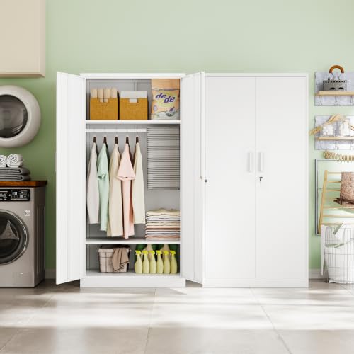 Image of Letaya Metal Wardrobe Cabinets with Lock,Clothing Locker 72 inch X 36 inch X 18 inch Storage Cabinets for Home Room,Fire Department, School, Employee,Gym,Government (White)