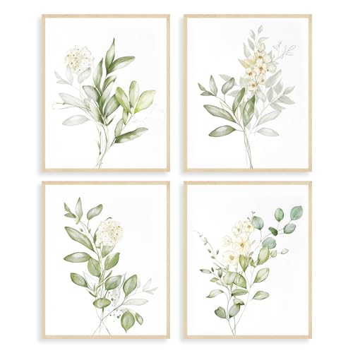 Dazzlewall 4er Set Botanische Aquarell Blumen Wandbilder, Salbeigrün Pflanzen Drucke, Minimalistische Blätter Leinwand Bilder für Schlafzimmer Badezimmer Deko 20×25 cm Ungerahmt