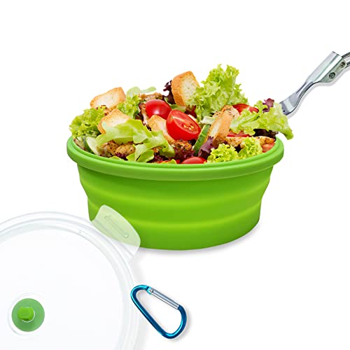 Findworld Collapsible Camping Bowl With Lid Stainless Steel Fork-Silicone Foldable Travel Bowl-Expandable Reusable Portable Bowl-Microwave And Fridge Storage Bowl For Travel, Outdoor Sports 41 Oz #TOP14