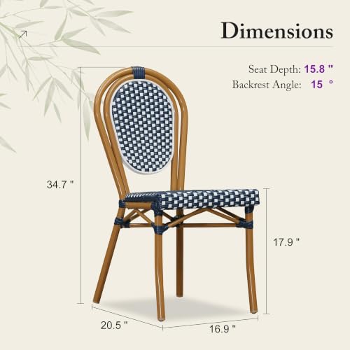 PURPLE LEAF Patio Dining Chair Set of 4 Outdoor French Aluminium Frame in Bamboo Finish with Navy Blue & White Woven Rattan for Indoor Kitchen Deck Bistros Cafe — view 2