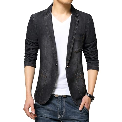 Mens 1 Button Denim Lounge Suit Jackets Slim Fit Lightweight Blazer Lapel Jean Jackets with Multi Pockers (Black,3X-Large) - Main Image