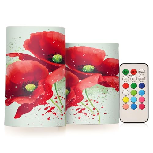 Image of Red Poppies Flickering Flameless Candles LED Battery Operated with Remote Timer Pillar Candles for Home Birthday Wedding Christmas Decor, Set of 2