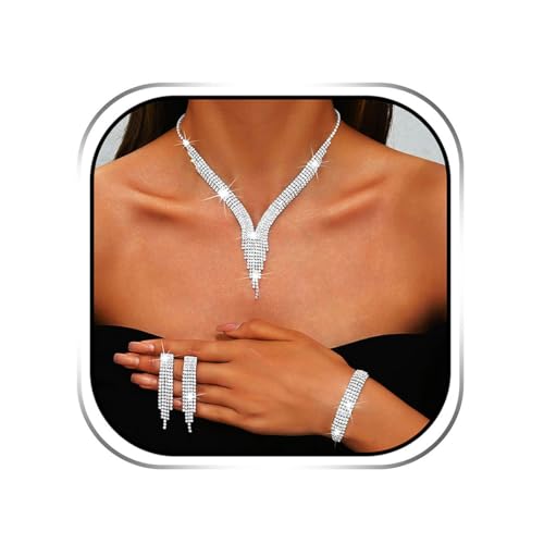 Sixexey Rhinestone Bridal Necklace Earrings Sparkly Jewelry Set Prom Wedding Party Necklace Jewelry Accessories for Women