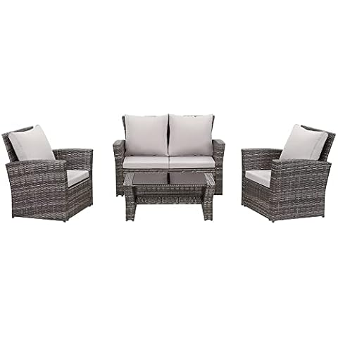 Esterno Living Rattan Garden Sofa - Outdoor Furniture Set with Sofa 4 Seater Wicker Patio Weave Chairs For Conservatory & Sun Room. Luxury Garden Furniture in Modern Shadow Grey. FREE RAIN COVER Cover