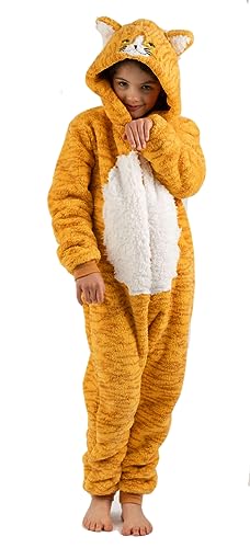 Grenouillère pour garçons ou filles en peluche orange chat roux avec queue - Costumes d'animaux tout-en-un pour enfants de 2 à 13 ans, 5-6 ans