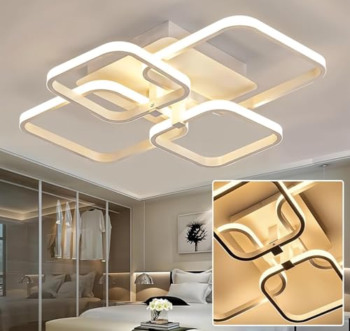 Image of PANCA Modern LED Chandelier Light for Ceiling | 3-Color Dimmable Ceiling Light with Remote Control | Acrylic White Flush Mount Fancy Ceiling Lamp for Living Room, Bedroom & Hall (58x45x12cm)